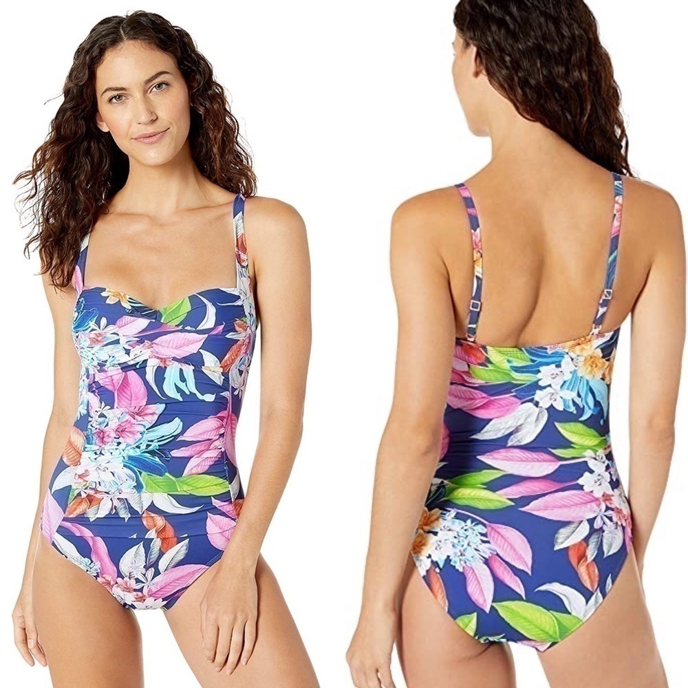 New La Blanca Blue Tropical Sweetheart One Piece 6